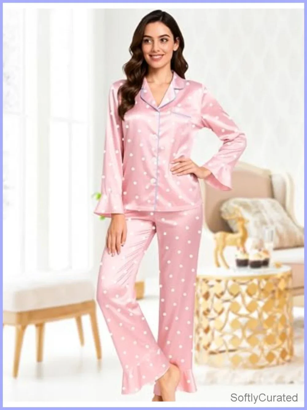 5 Pc Satin Pajama Set Long Sleeve Ruffle Button Down Pjs Sleepwear Loungewear